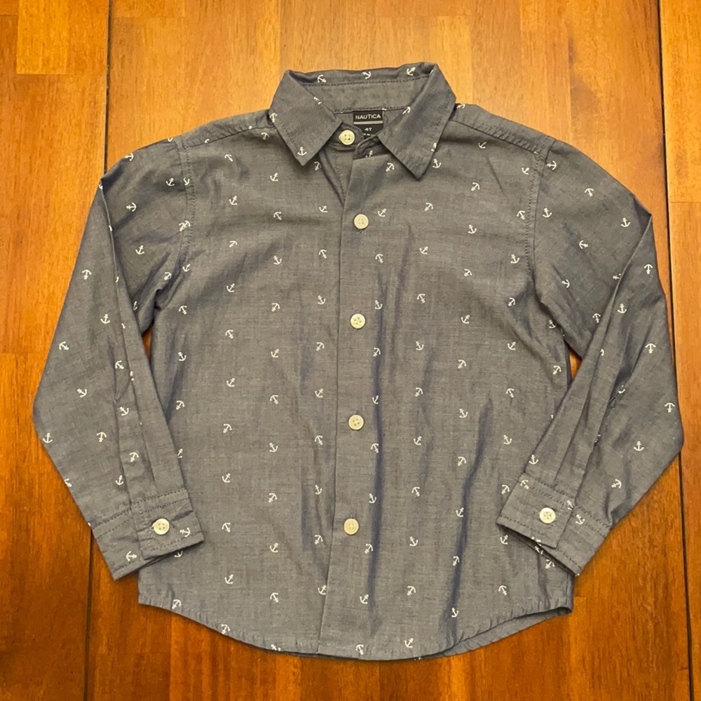 Nautica blue button down shirt with Anchors 4T
